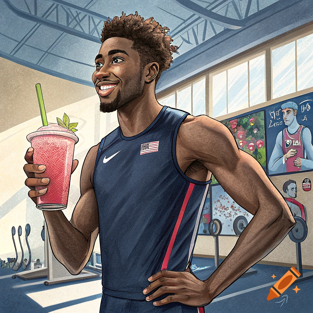 Illustration of a smiling athlete holding a smoothie in a gym.