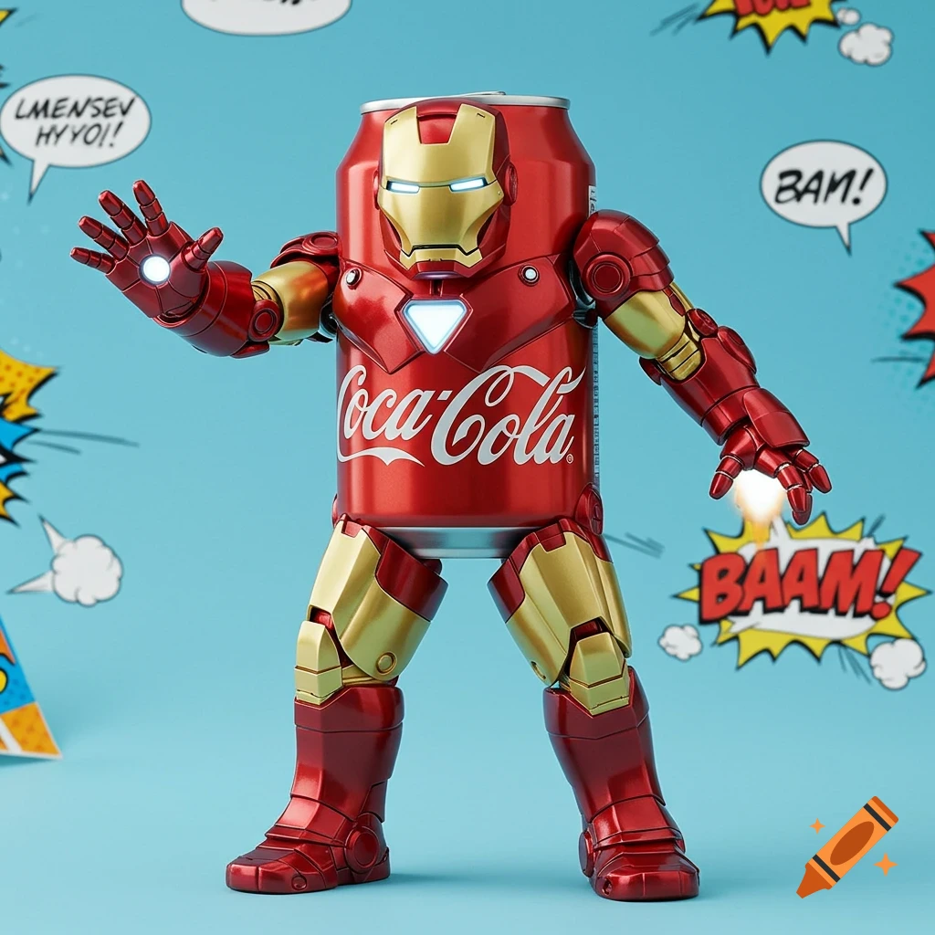 A toy figure of a Coca-Cola can dressed as Iron Man standing against a blue background with comic book speech bubbles.
