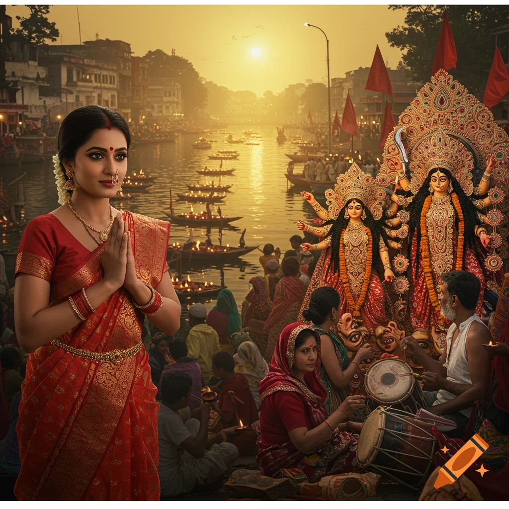 Woman in red saree with folded hands standing before large Durga idols by a river at sunset. Photorealistic.