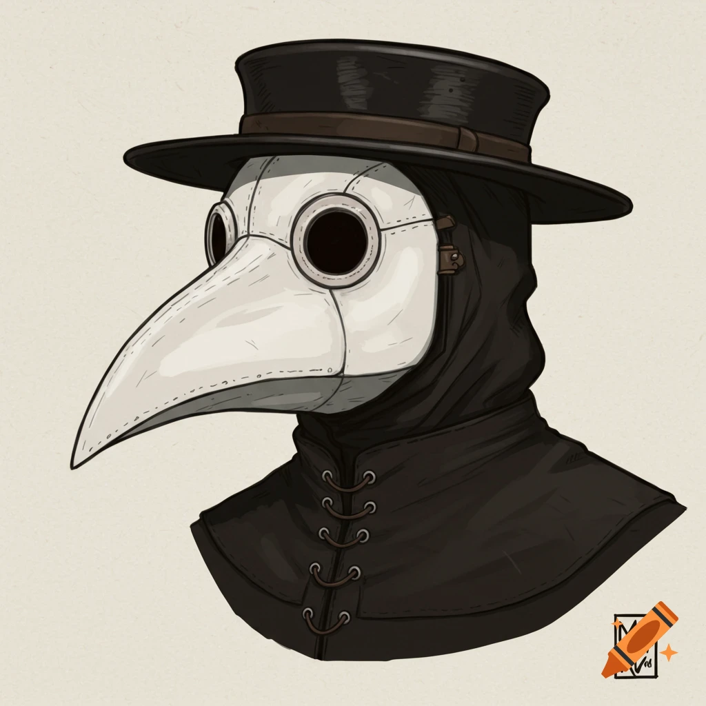 Close-up of a plague doctor head wearing a black hat and a beaked mask.