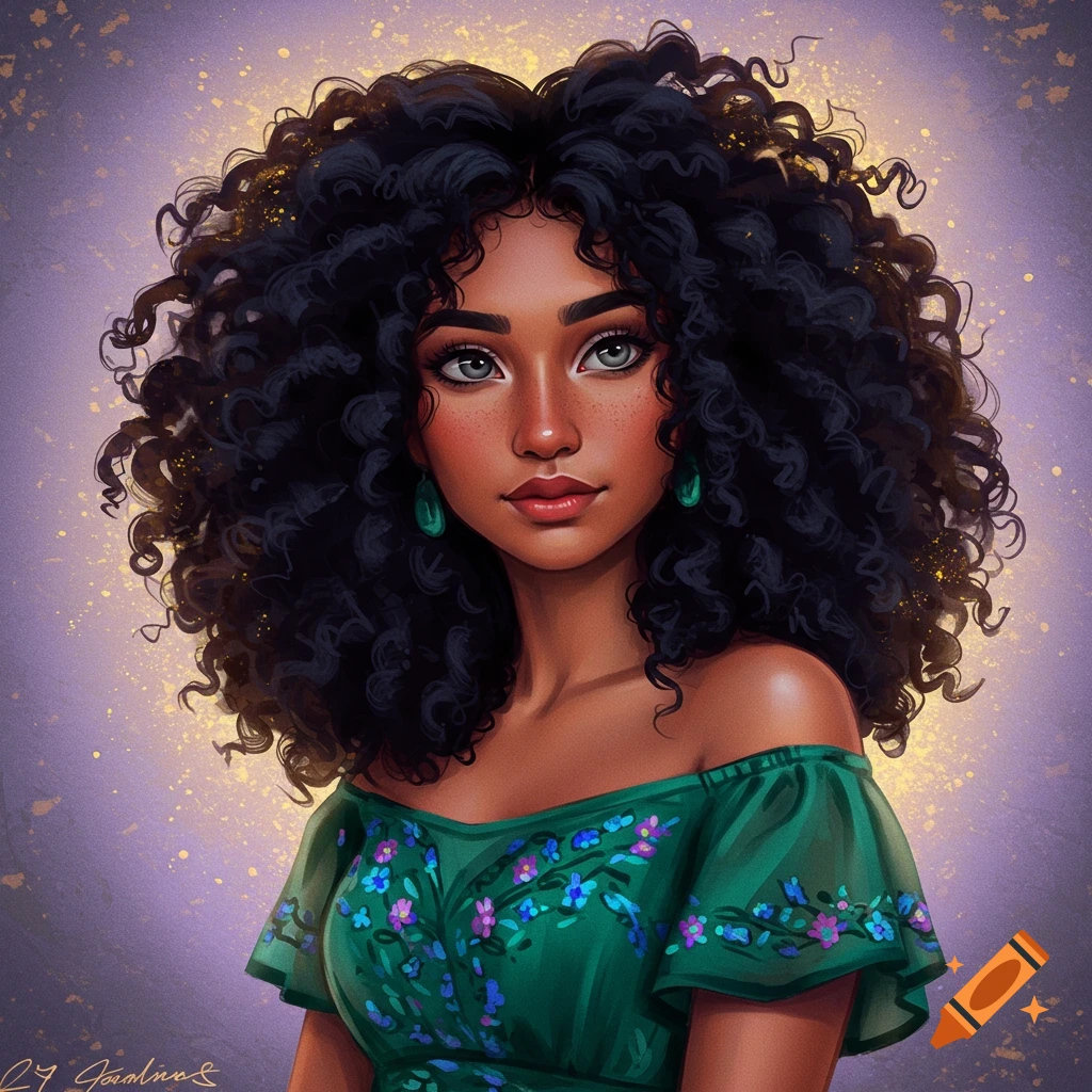 A woman with curly black hair and green earrings, against a sparkly background.