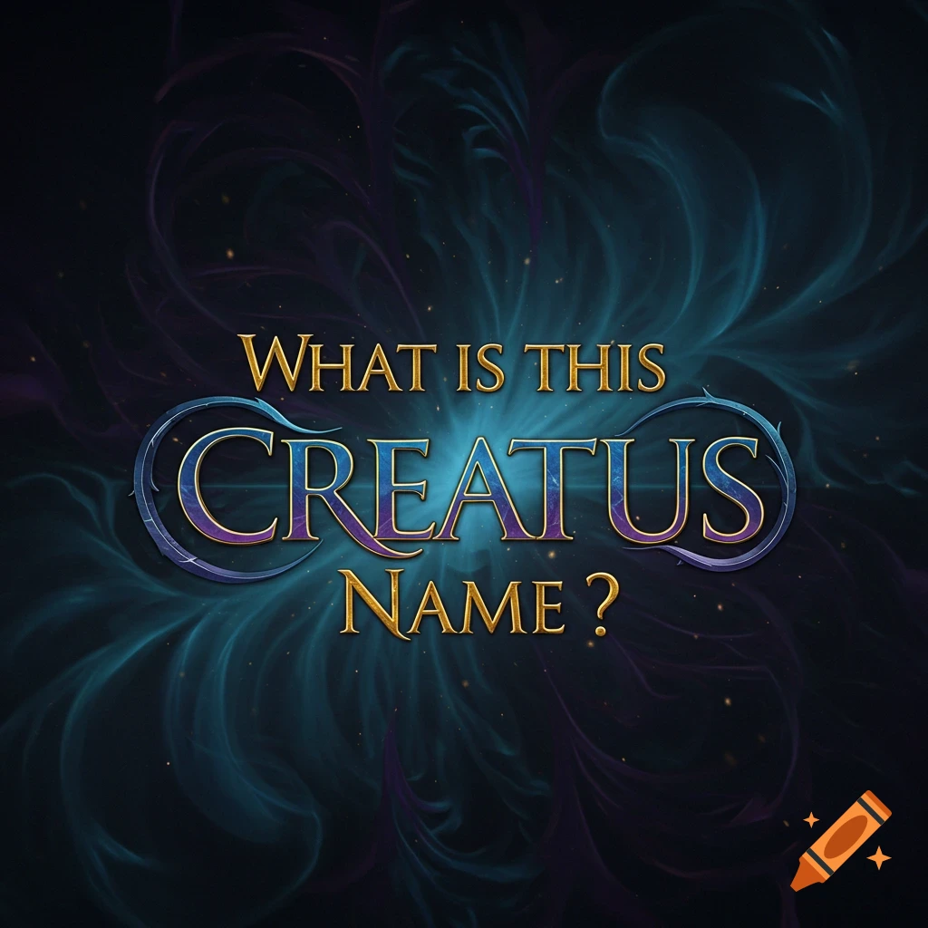 A logo style image with the text 'WHAT IS THIS CREATUS NAME ?' over a swirling blue and purple background.
