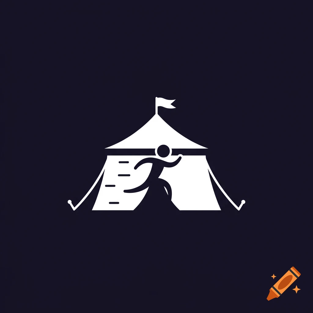Simple white logo of a running figure in front of a circus tent.