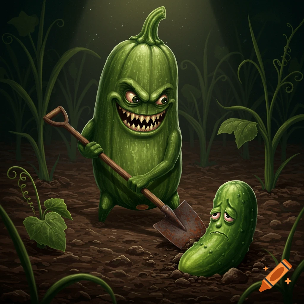 An evil zucchini with a shovel digs up a sad cucumber in a garden.