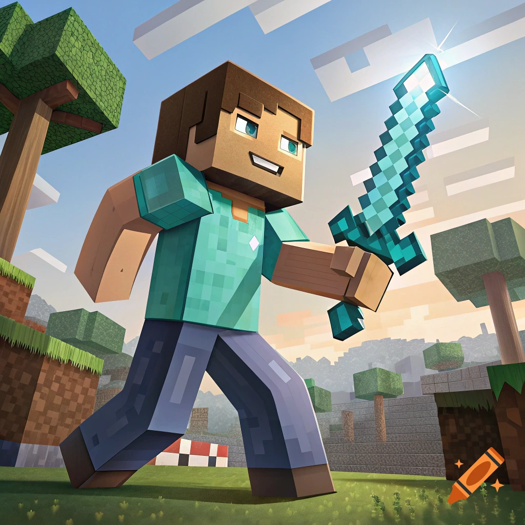 A blocky character resembling Steve from Minecraft holds up a sparkling diamond sword in a blocky landscape.