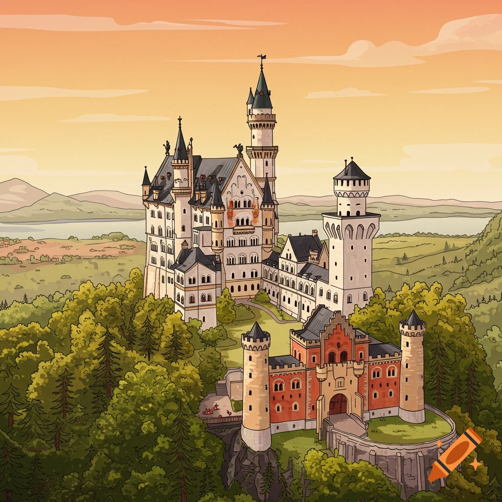 A stylized illustration of Neuschwanstein castle on a hill overlooking a lake.