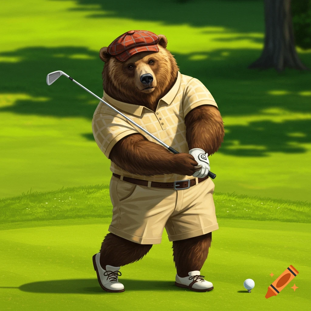 A grizzly bear dressed in golf attire, swinging a golf club on a golf course.