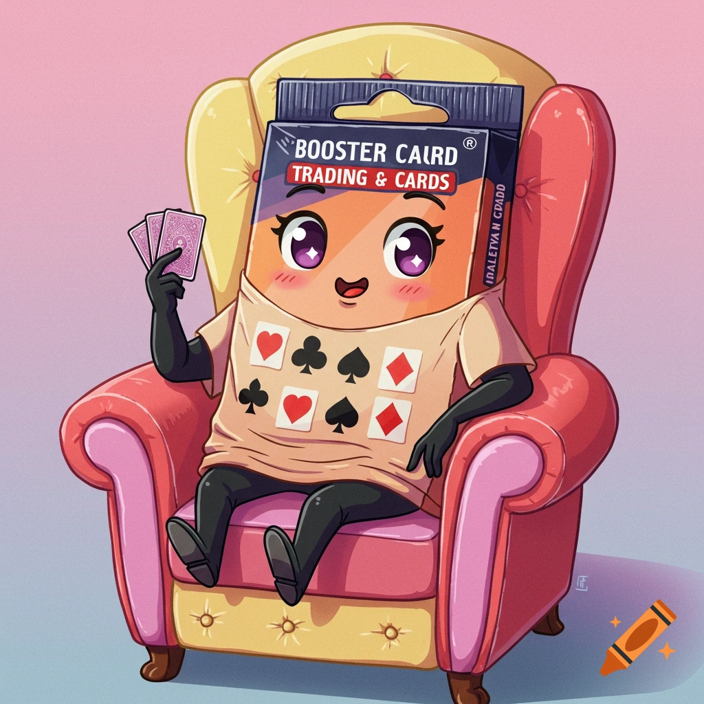 Cartoon trading card booster pack character sits in a chair holding cards.