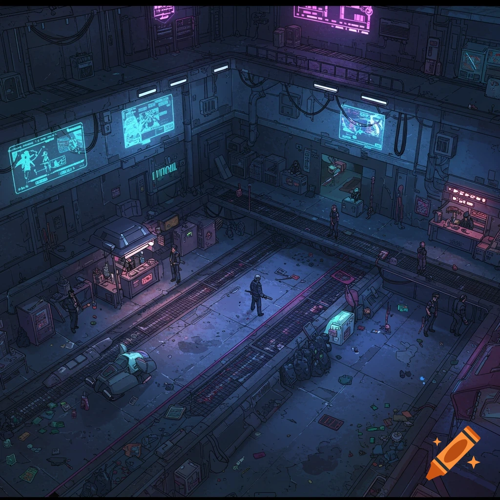 Isometric illustration of a busy, cluttered cyberpunk interior with figures and machinery.