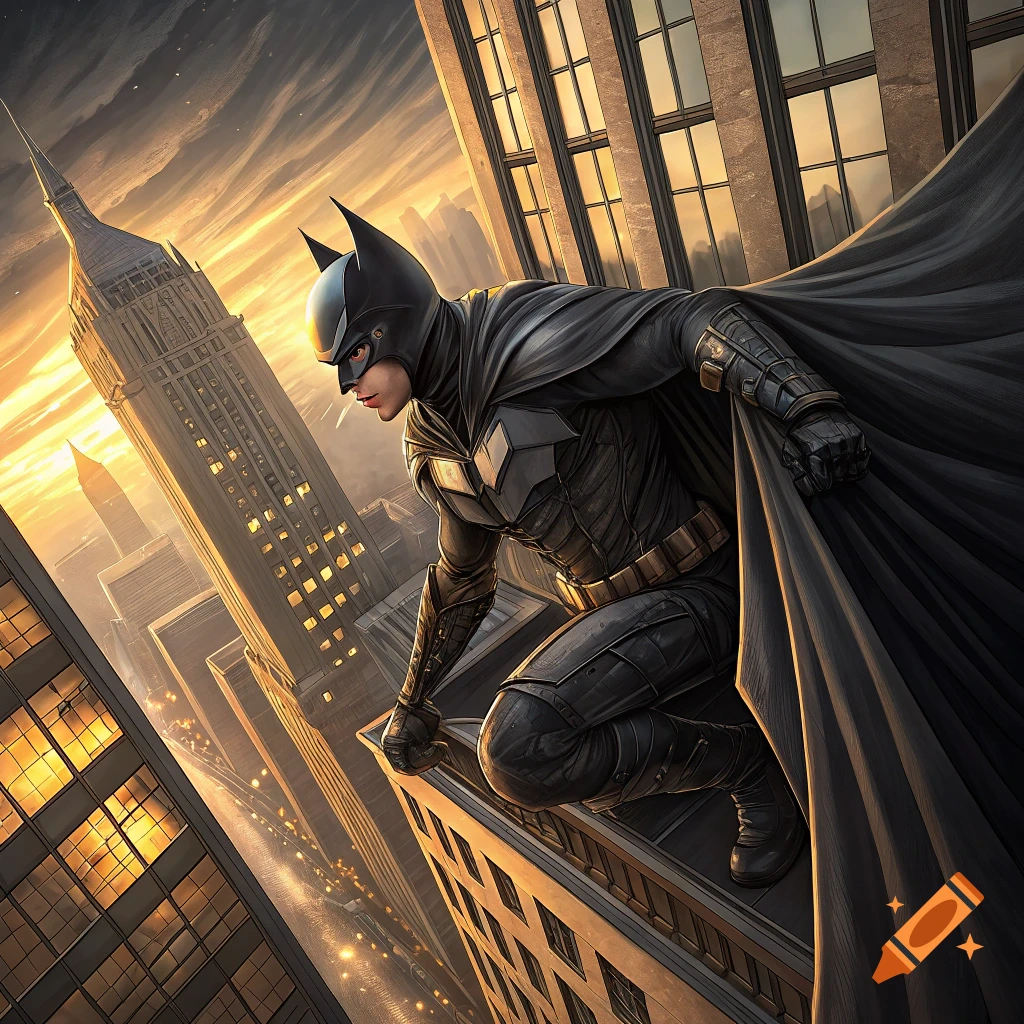Batman crouches on a skyscraper ledge at sunset with a city skyline behind him.