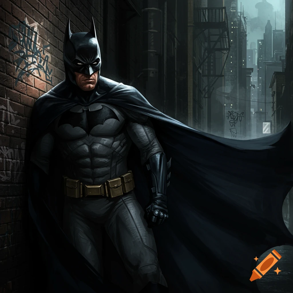 Batman in a dark alley, leaning against a brick wall covered in graffiti.