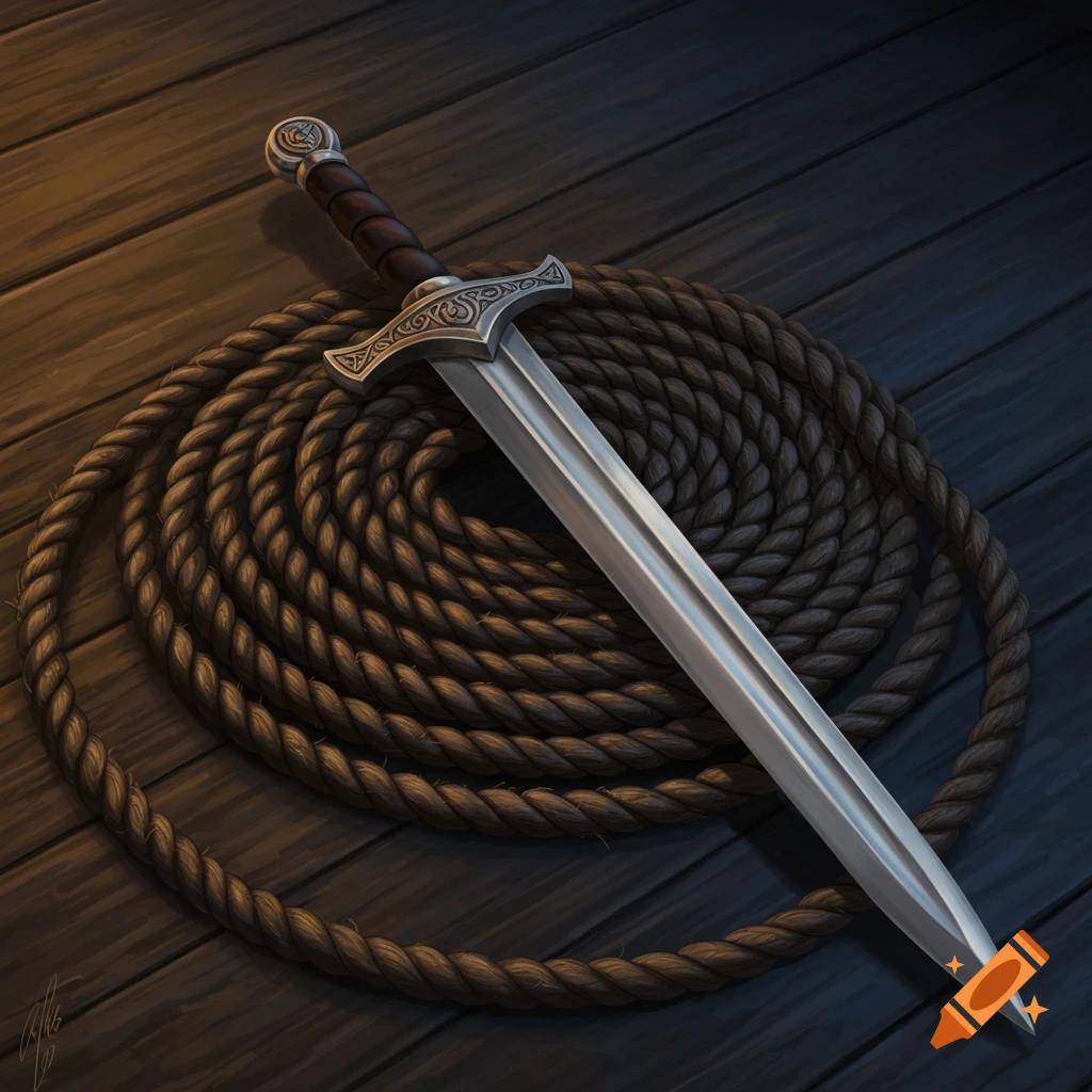 A sword with an ornate hilt rests on a large coil of rope on a dark wooden surface.