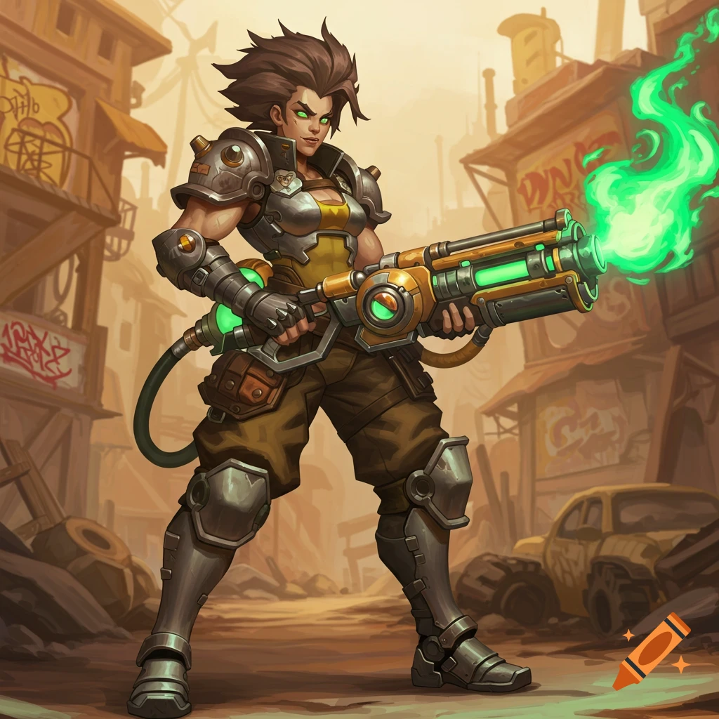 An armored character stands in a ruined city street, holding a glowing green flamethrower.