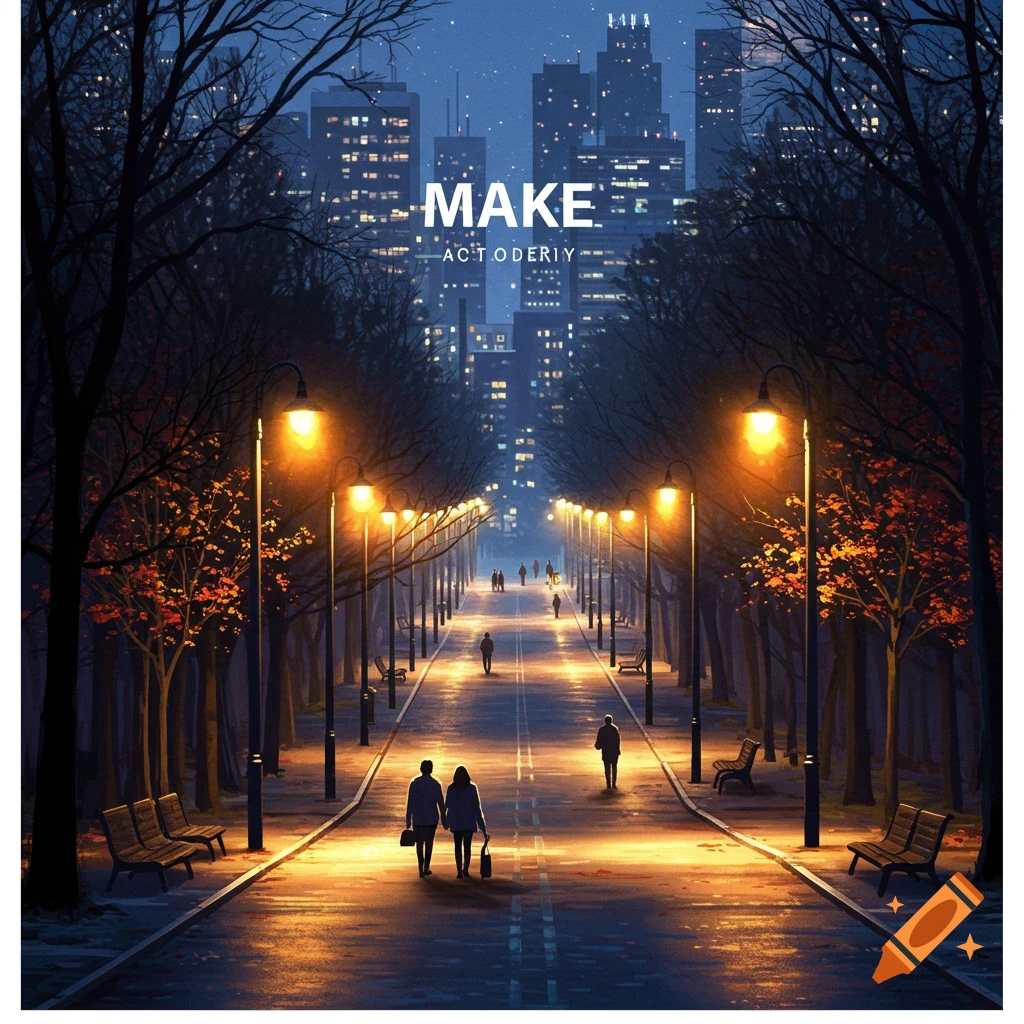 A street lined with trees and streetlights at night, with people walking and a city skyline in the distance.