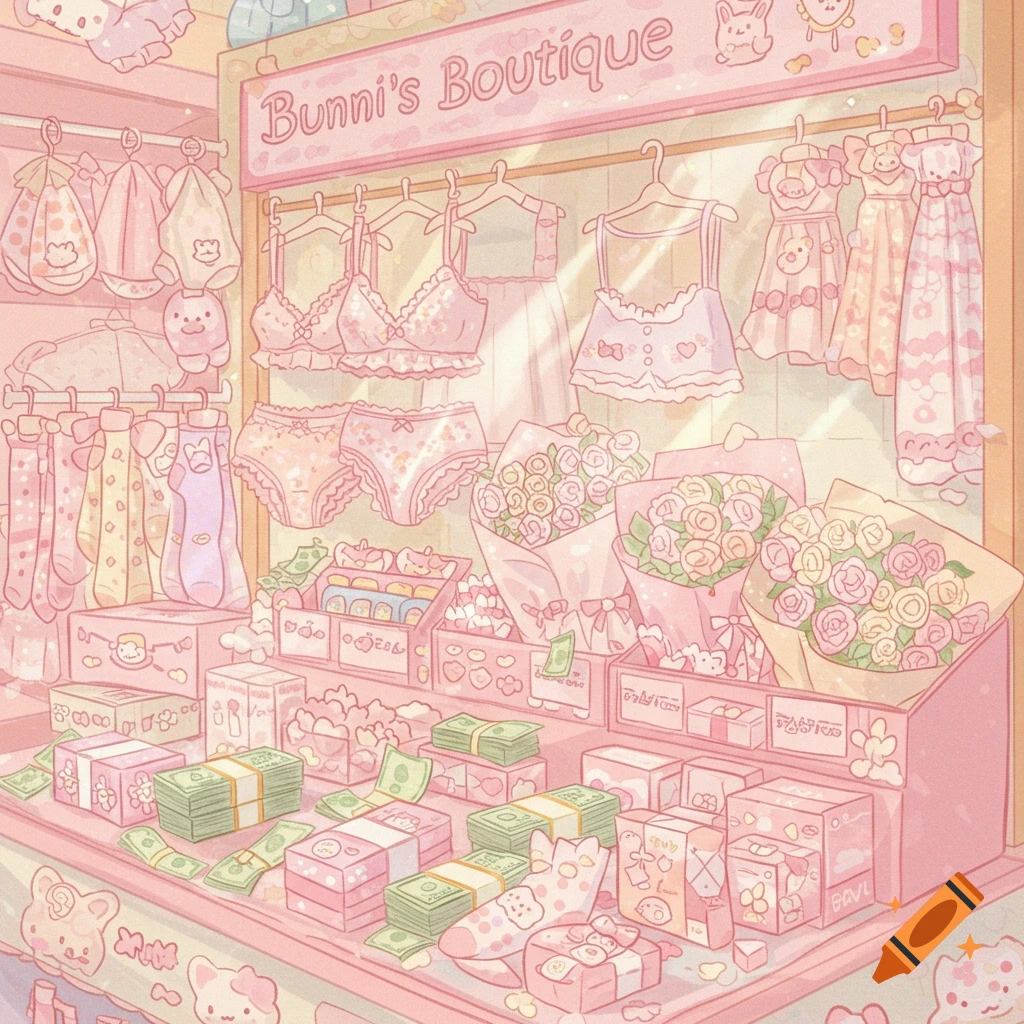 A pastel anime illustration of a cute boutique called "Bunni's Boutique" selling lingerie, socks, flowers, and piles of money.