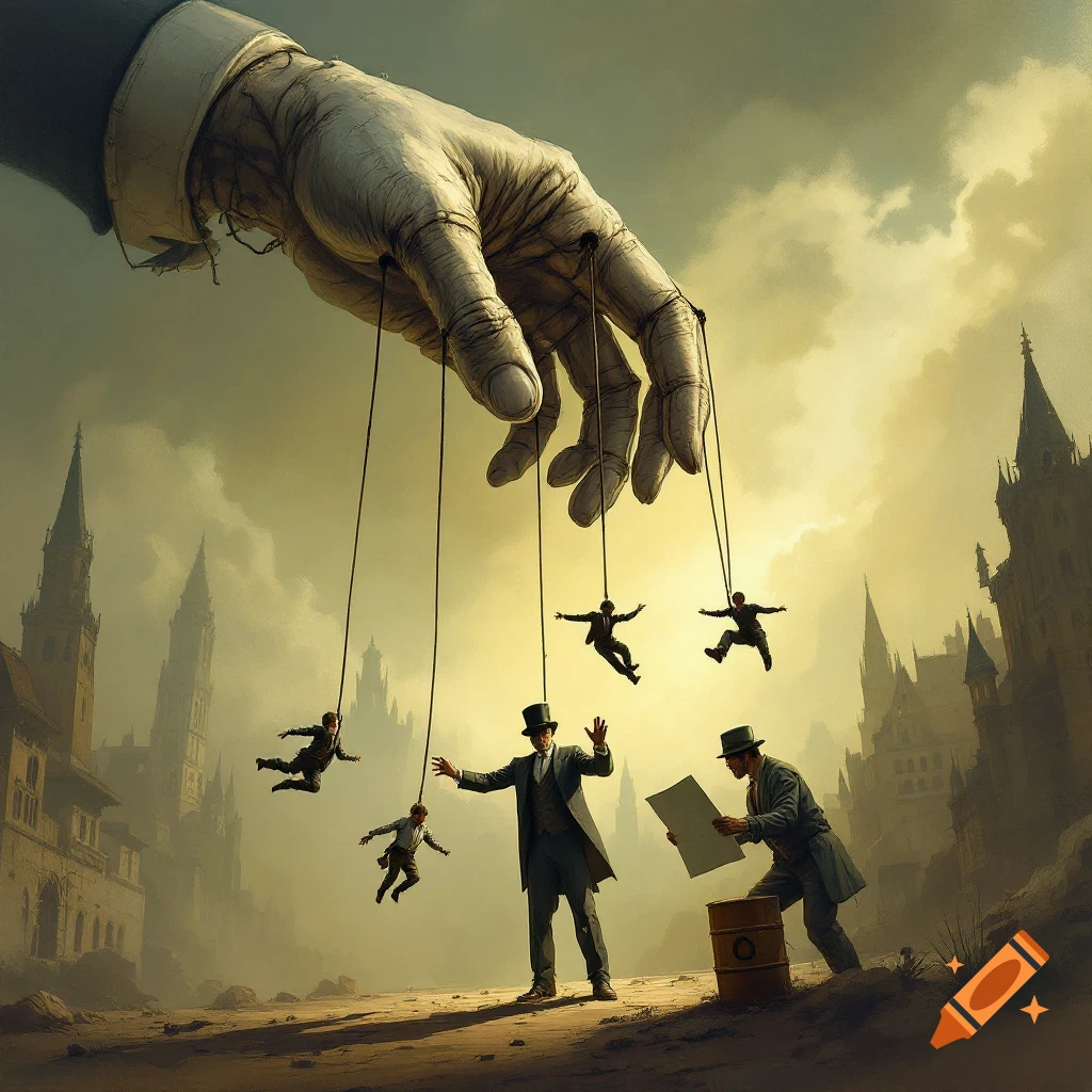 A giant hand controlling tiny figures on strings over a city landscape.