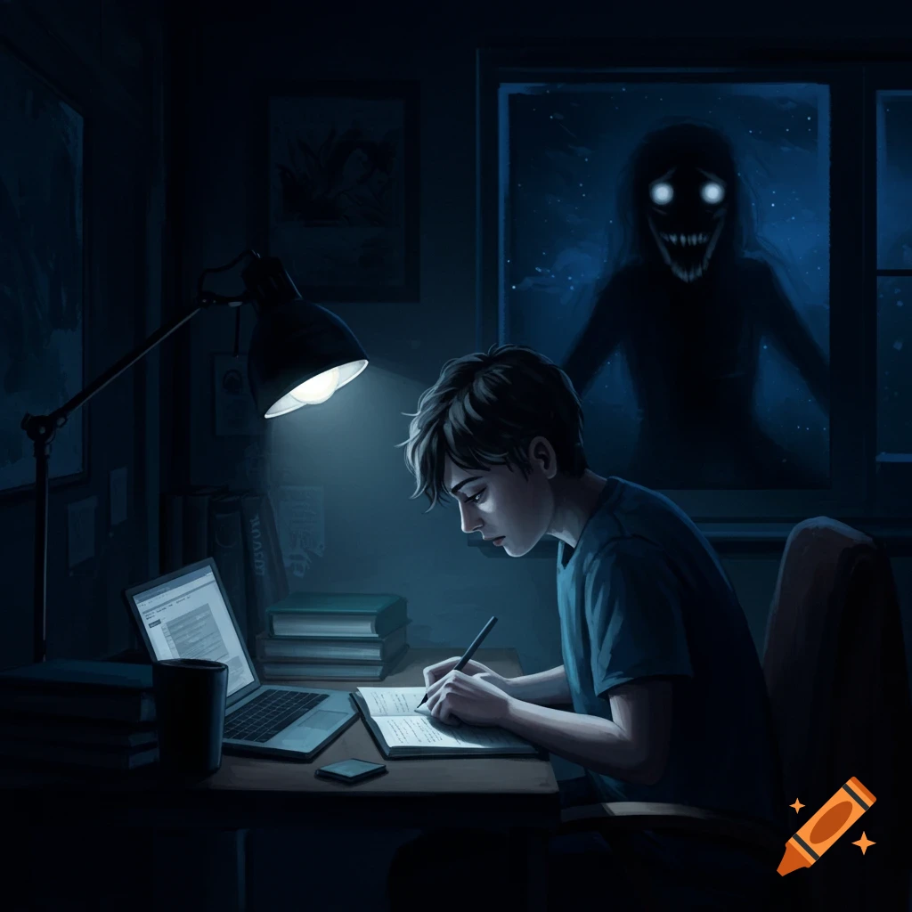 A student studies at night with a scary monster silhouetted in the window behind them.