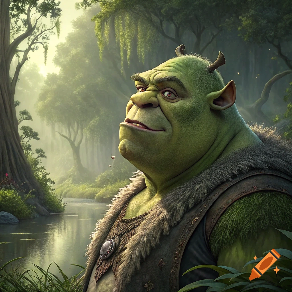 Close-up portrait of Shrek in a detailed swamp landscape