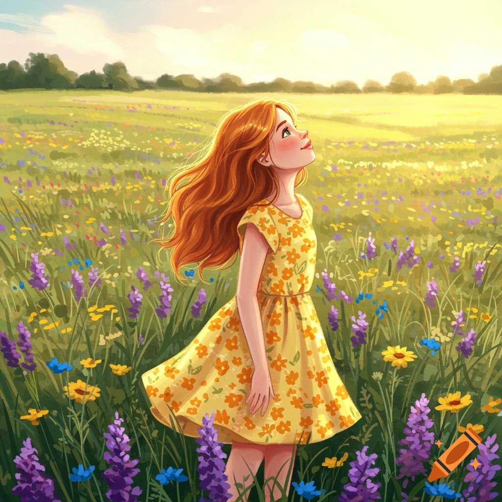 A girl in a yellow dress stands in a field of wildflowers, looking up at the sunny sky.