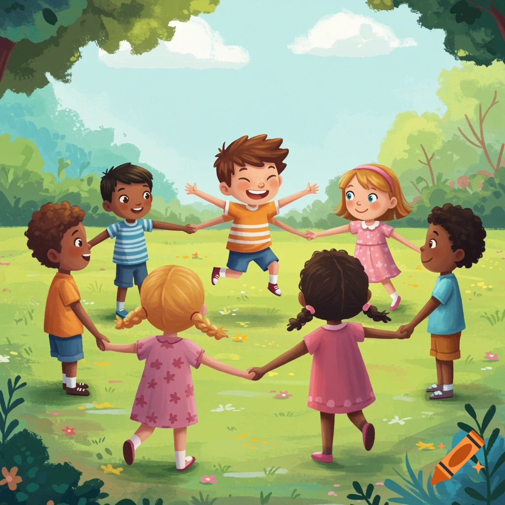 An illustration of diverse children playing Ring Around the Rosie in a park.