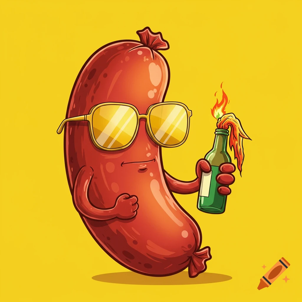 A cartoon sausage wearing sunglasses holds a lit Molotov cocktail on a yellow background.