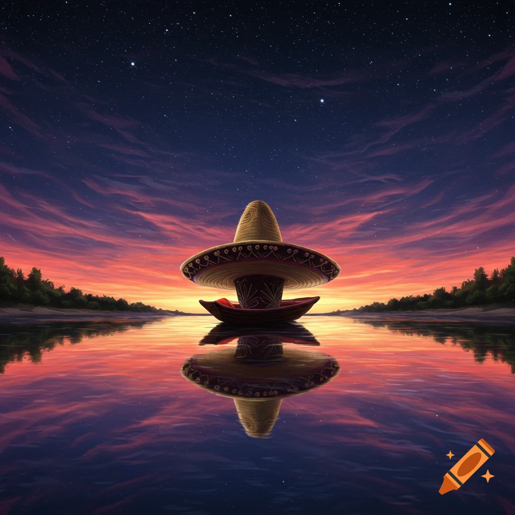A sombrero sits on water with a reflection under a starry sky and sunset.