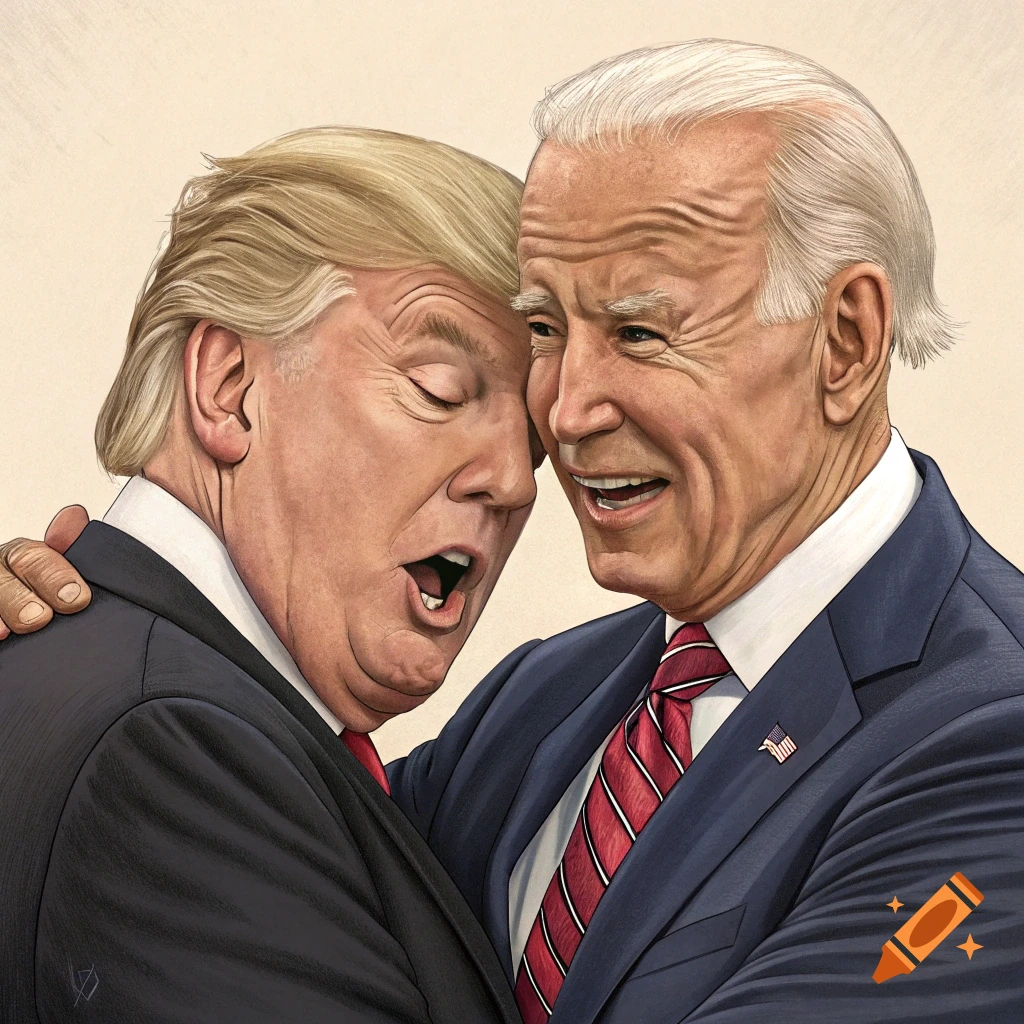 Illustration of Donald Trump and Joe Biden embracing