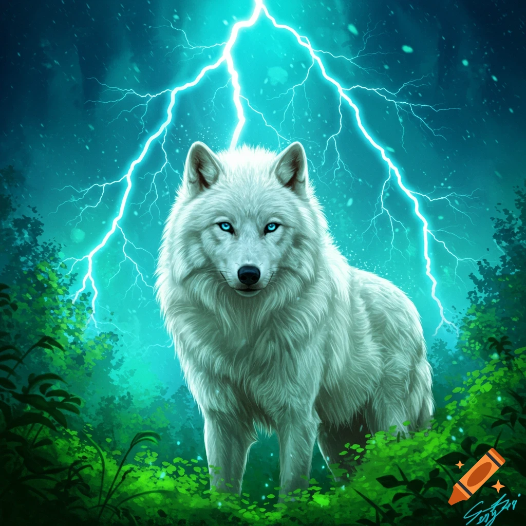 A white wolf standing in a forest with blue lightning in the background.