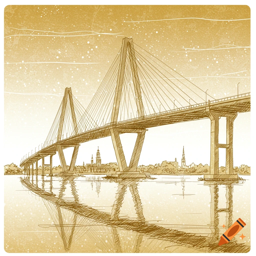 Sketch of a cable-stayed bridge reflected in water with a city skyline behind it, in a gold tone.