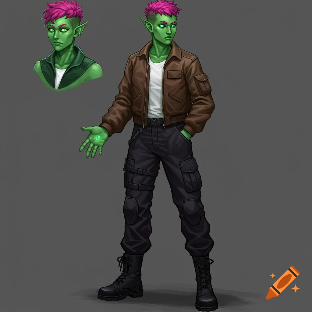 A bust shot of a green-skinned humanoid with pink hair, brown jacket, and glowing hand.