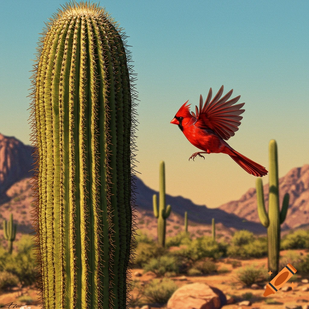 A red cardinal flies next to a tall saguaro cactus in the desert landscape.