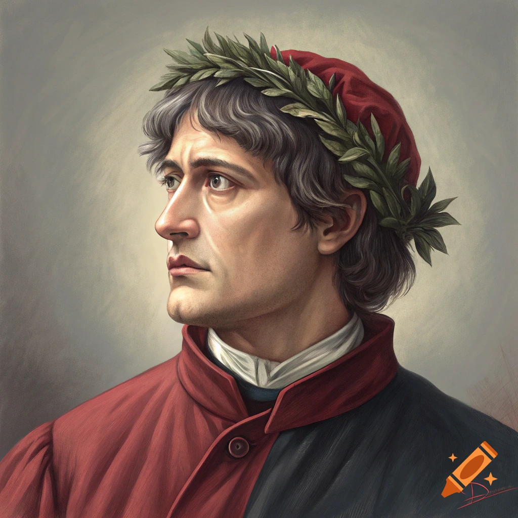 Painting of a man with a laurel wreath and red cloak looking left.