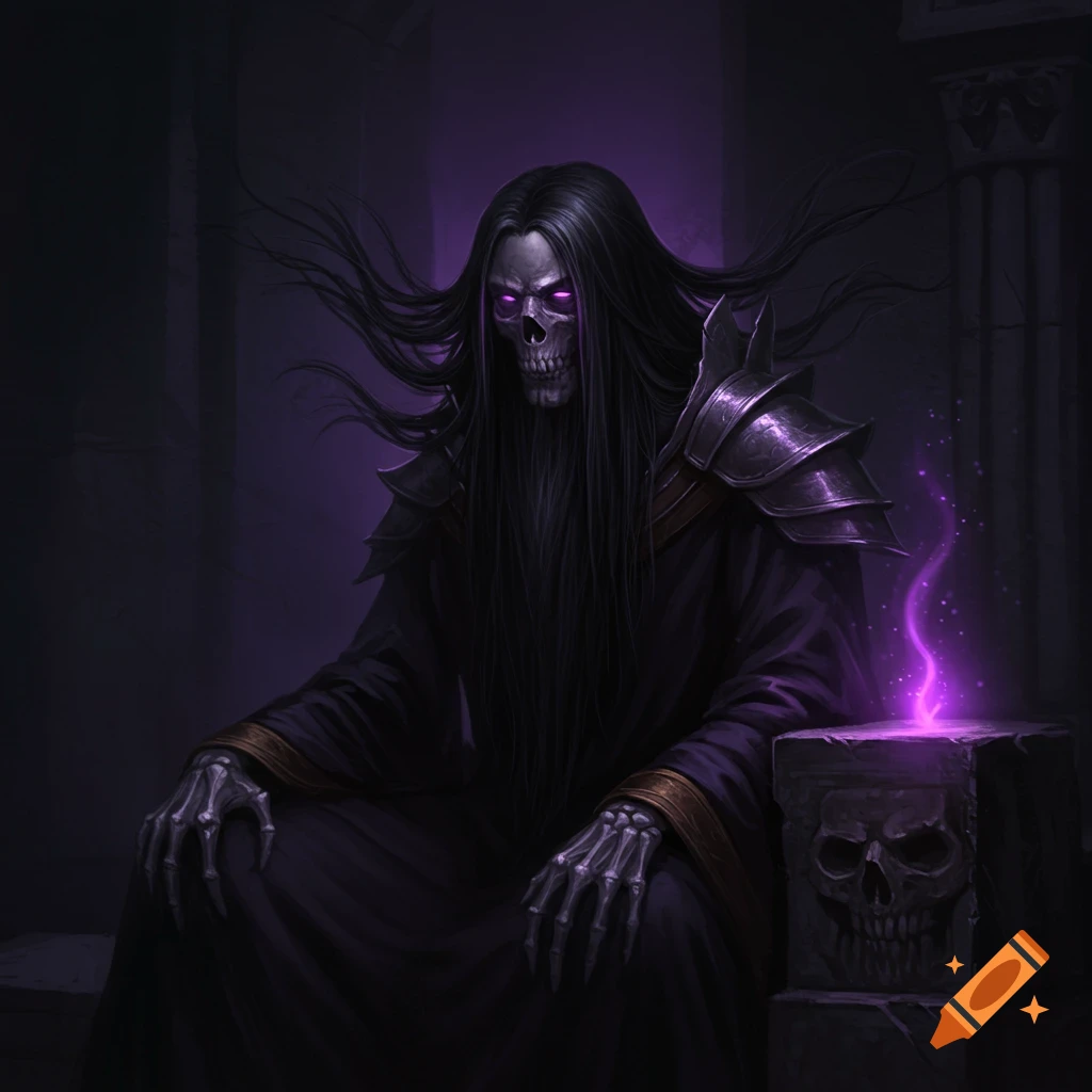 A skeleton wizard with long dark hair, sitting in a dark room with purple light.