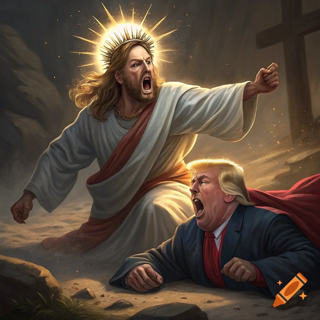 Jesus throwing Donald Trump to the ground in a dramatic art style