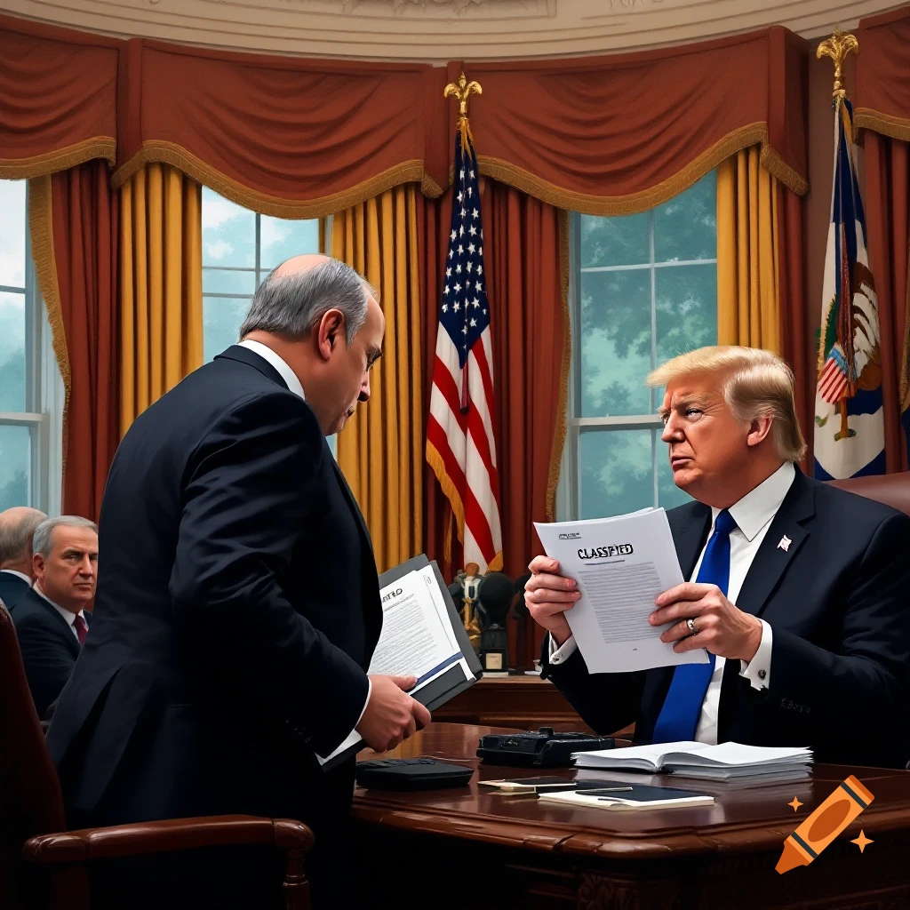Donald Trump and another man examining documents in the Oval Office.
