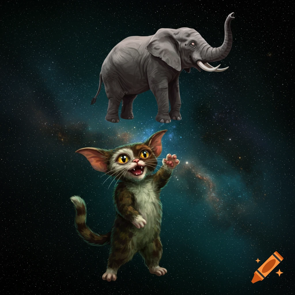 A cartoon cat waves at an elephant floating in space
