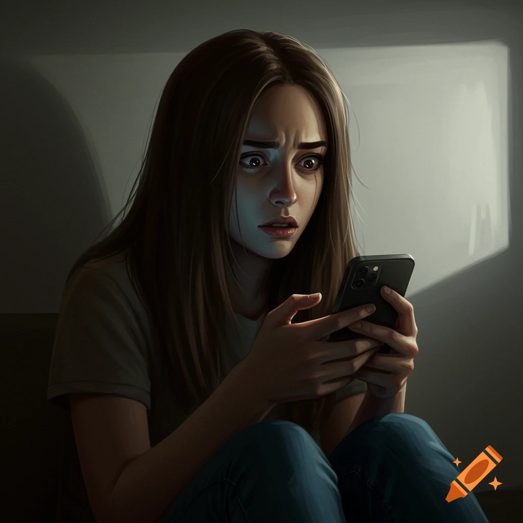 A young woman looking scared at her phone in a dark room.