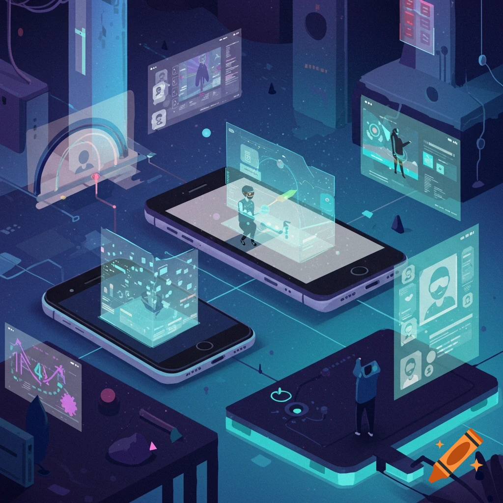 Isometric digital illustration of phones with holographic displays and interfaces.