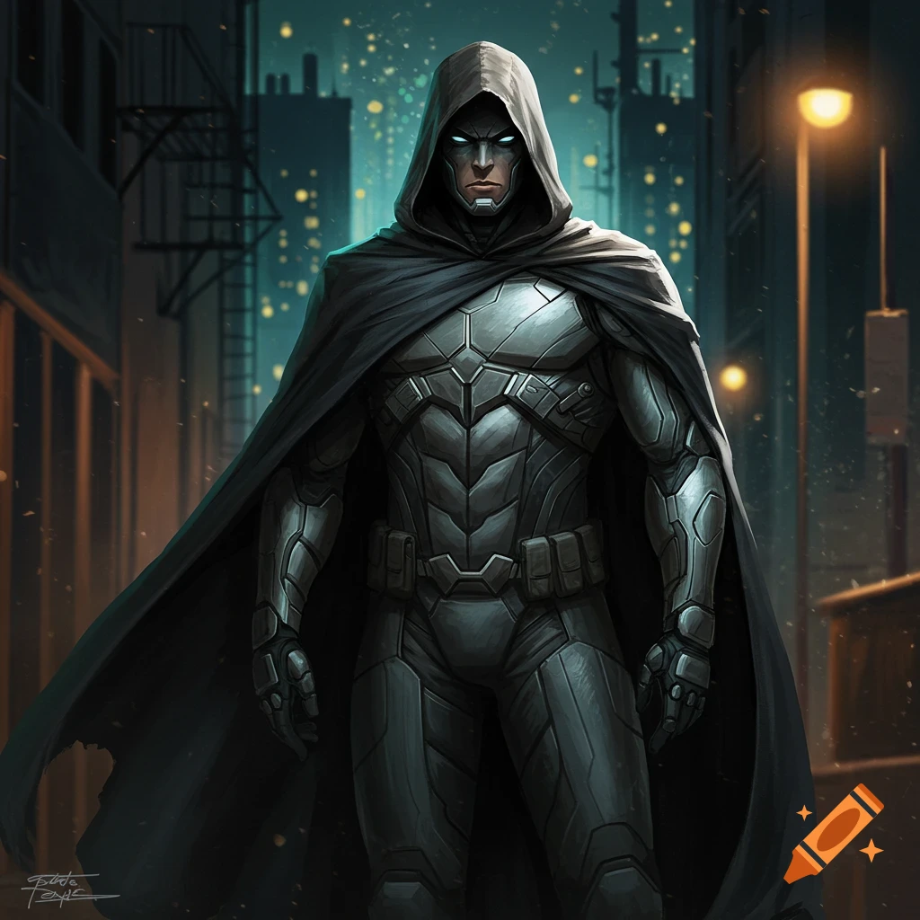 A hooded figure in dark armor stands in a city alley at night.