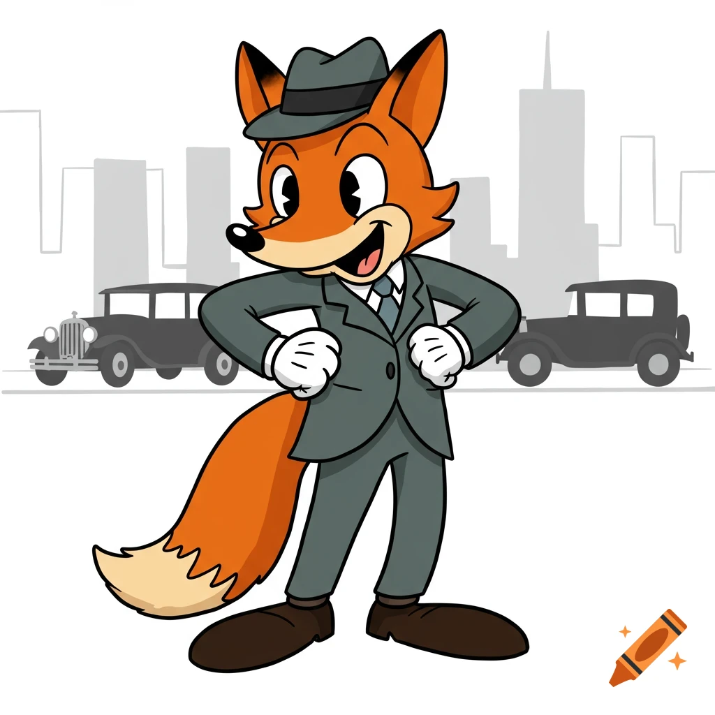 A cartoon fox man in a 1920s suit, hat, and gloves stands before city buildings and cars.