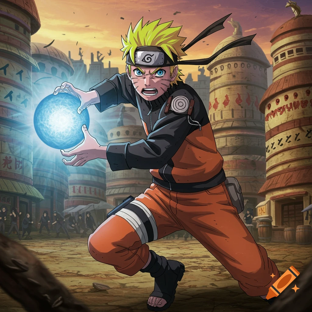Naruto Uzumaki holding a glowing blue Rasengan in a village