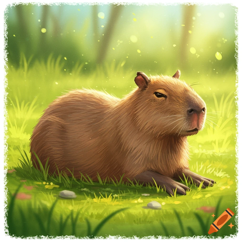 A capybara sitting in grass.