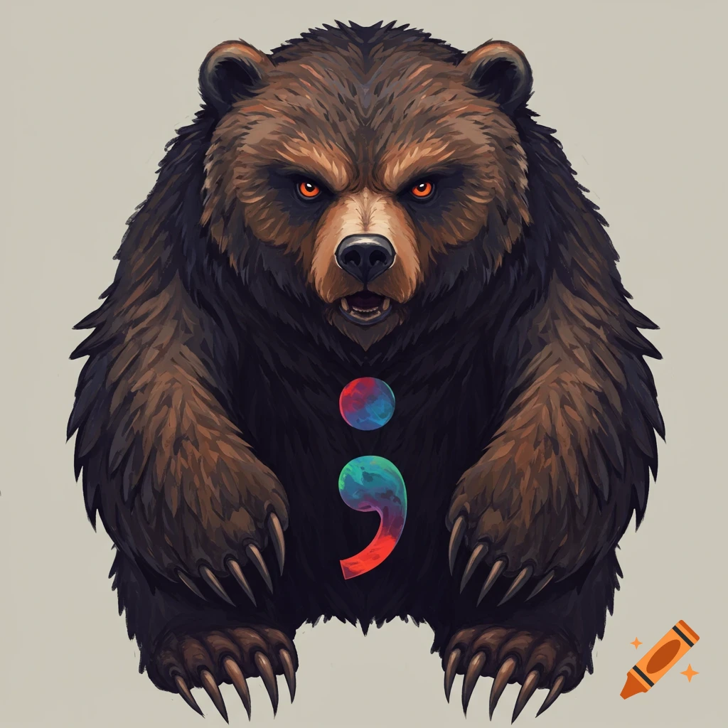 A fierce bear with a colorful semicolon symbol on its chest.