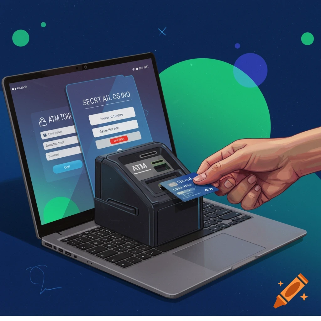 A hand inserts a credit card into an ATM machine on a laptop keyboard.