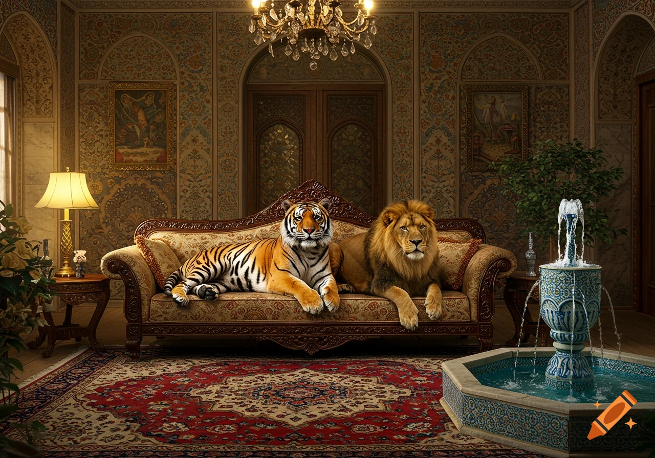 A tiger and a lion are lying on an ornate sofa in a luxurious room with a fountain.