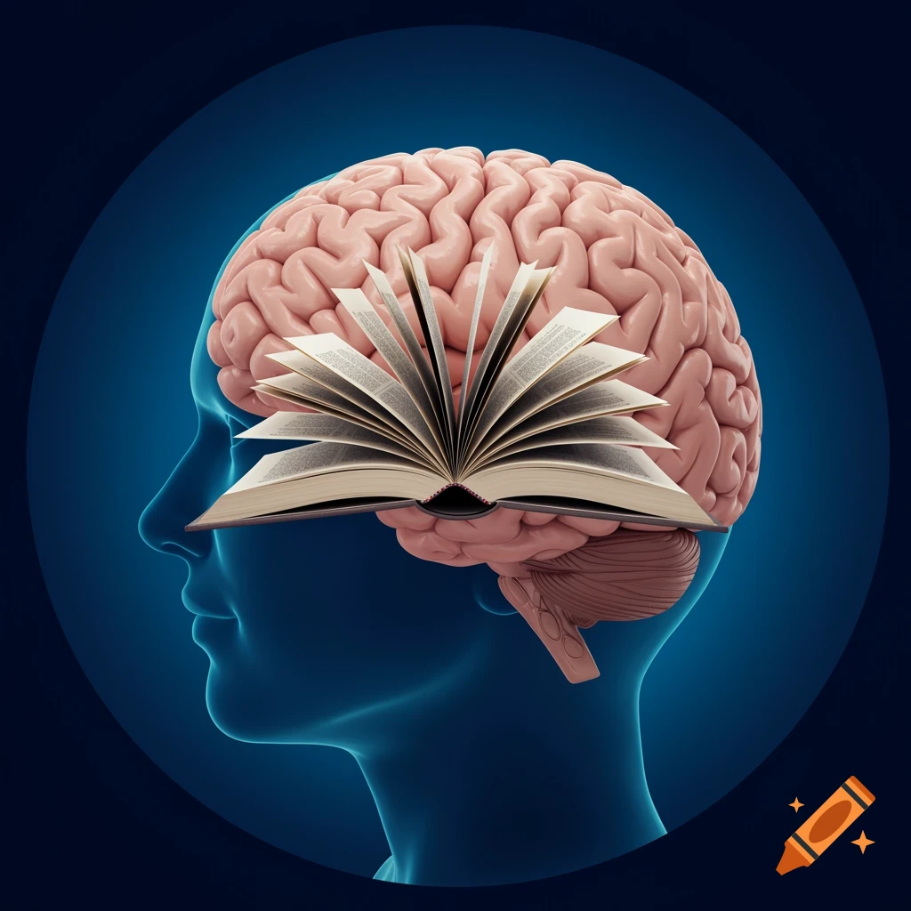 Stylized illustration of a human head and brain with an open book fanned out from the brain.