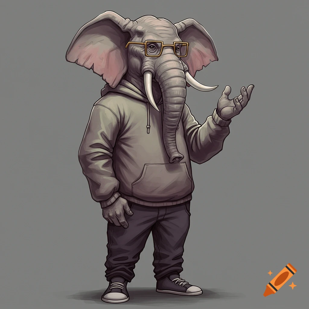 An elephant character in a hoodie and glasses gesturing.