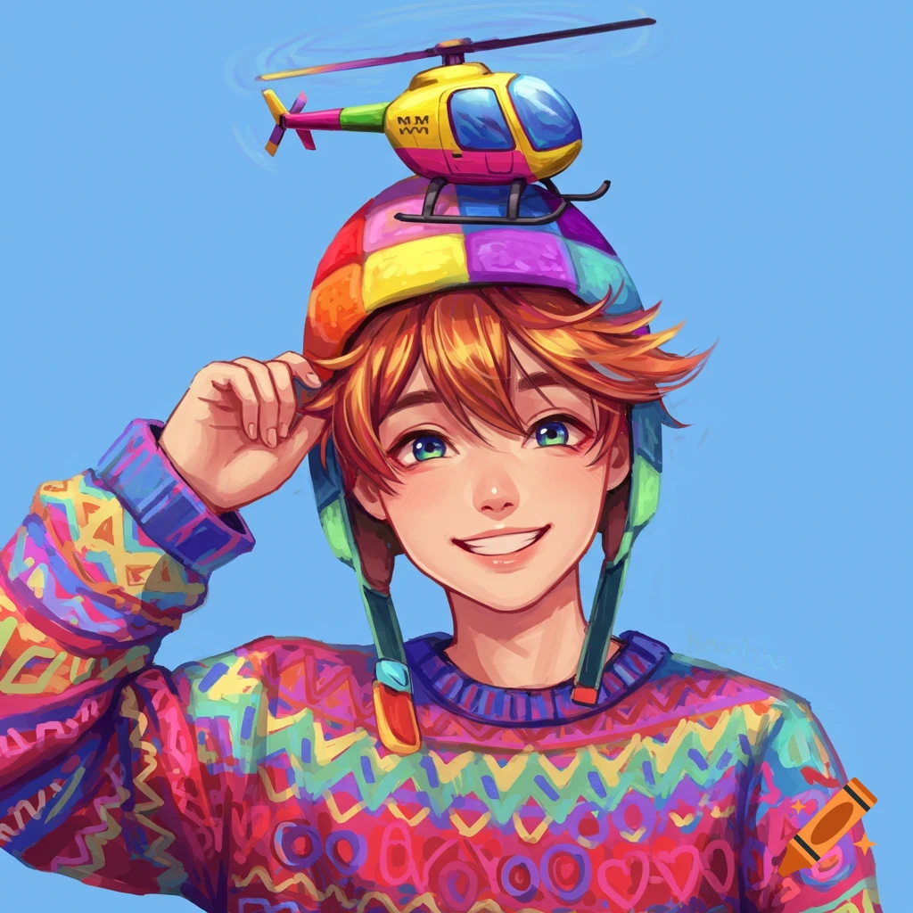 Anime boy with colorful hat and sweater wearing a helicopter hat