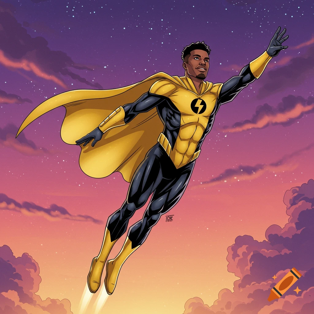 Black superhero in a yellow and black suit and cape flying against a sunset sky, comic art style.