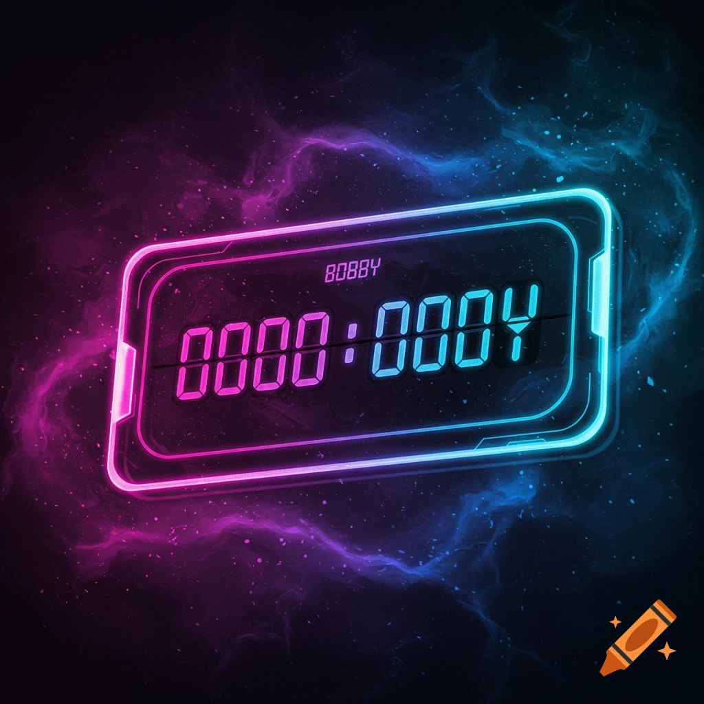 A glowing neon digital display with numbers and the name BOBBY against a cosmic background